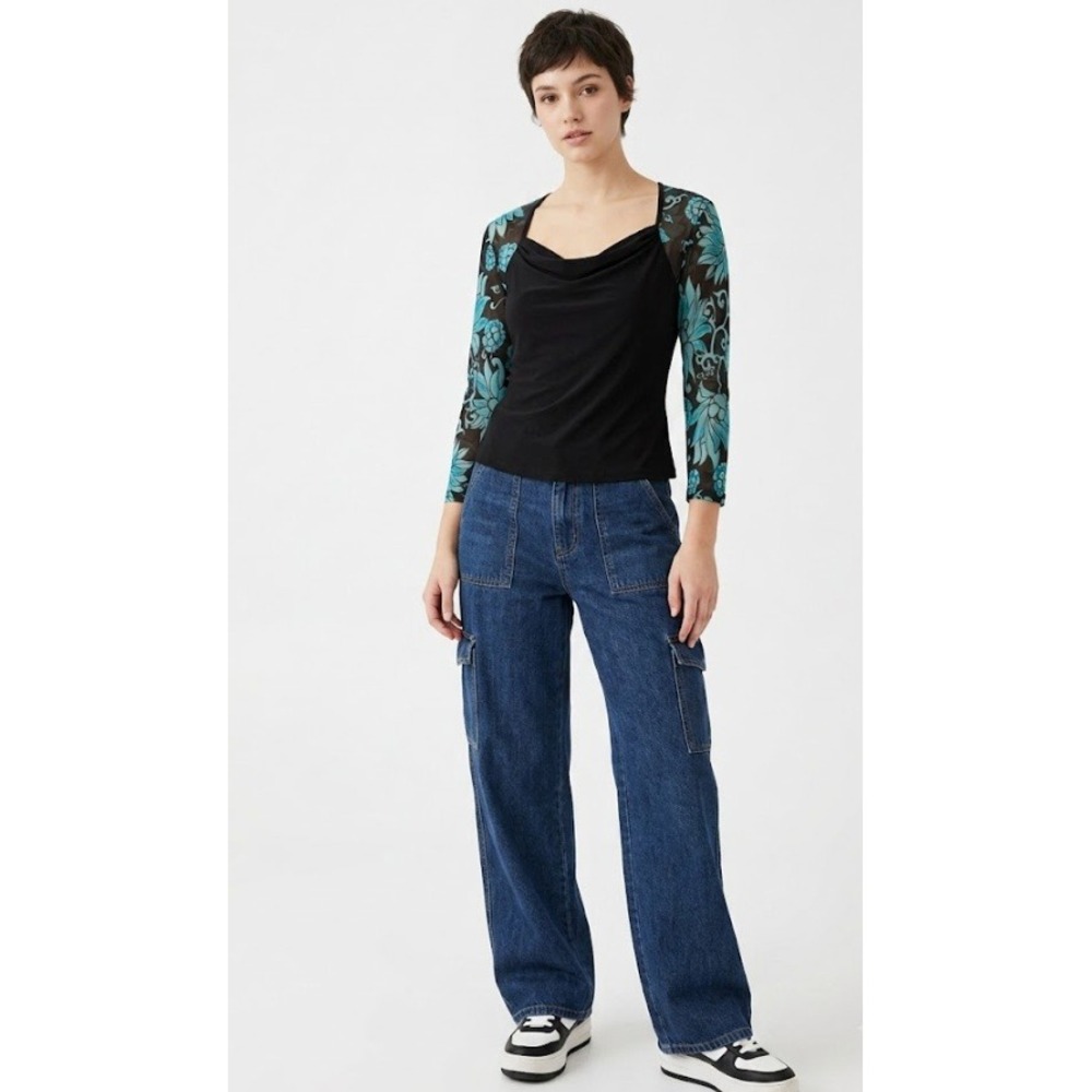 NWT Vintage Suzie In The City Top Medium Black Blue Floral Mesh Draped Neck Y2K